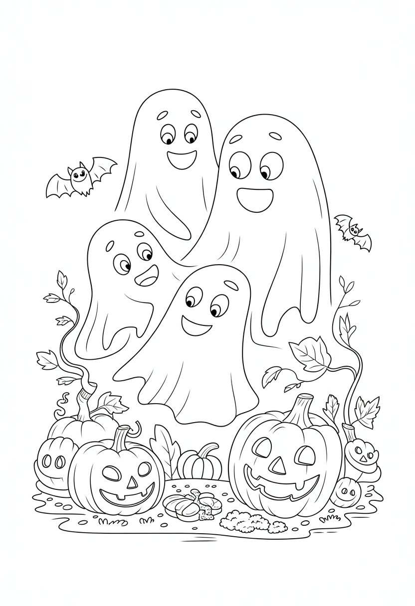 Halloween Coloring Pages Printable Featuring Classic Icons and Spooky Fun for All Ages 16 A friendly ghost family of three smiling and floating together with pumpkins, autumn leaves, and bats around them.